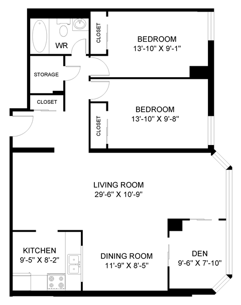 Floor plan for 2 beds, 1 bath, 1102 sqft